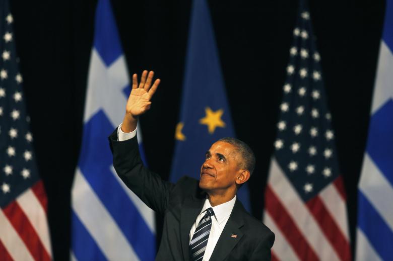Obama saluting Greeks after his last speech on foreign soil