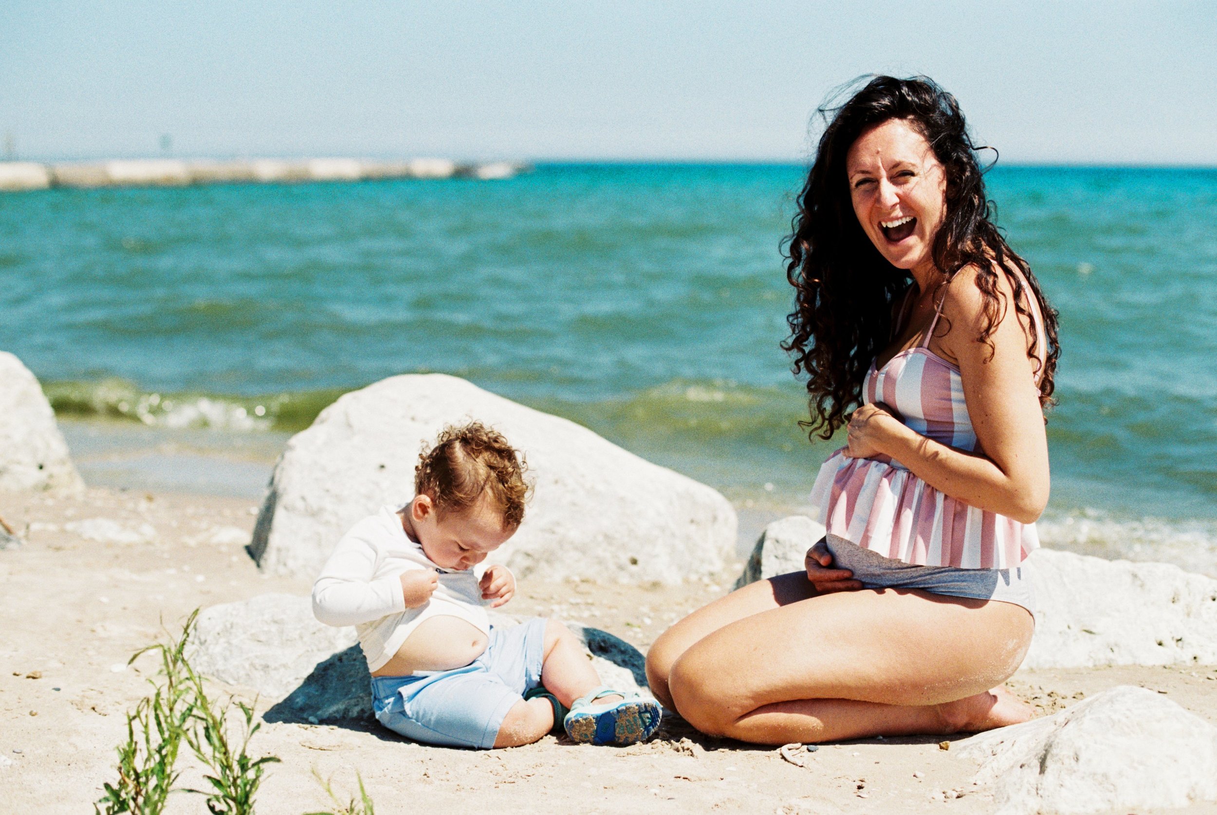 Lake Michigan Summer Beach Pregnant Mother and Baby by Seattle Lifestyle Portrait Photographer Janelle Elaine Photography on film.jpg