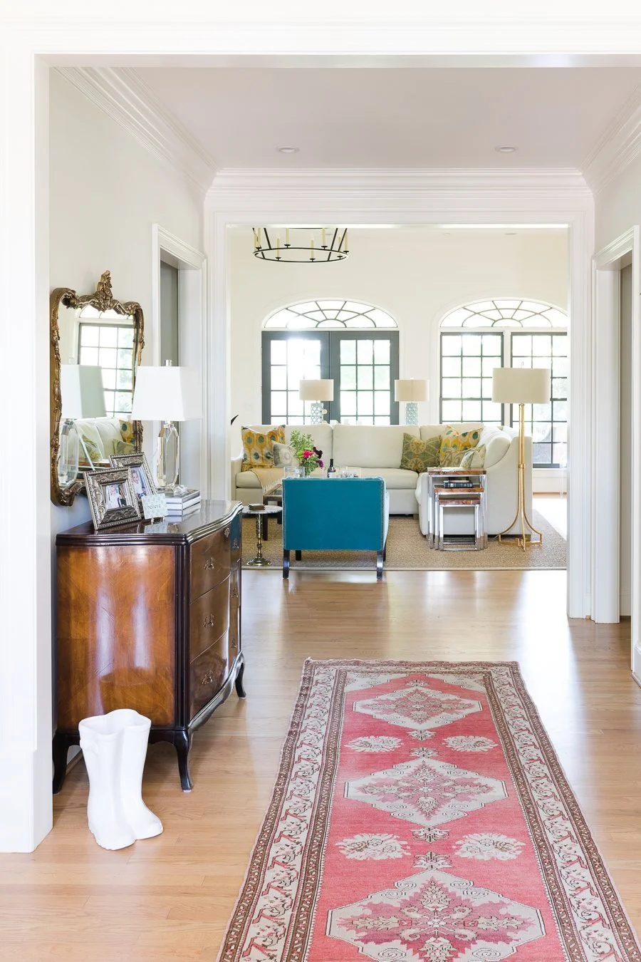 The entrance of this home was dramatic .. It is always so pretty when you can see straight through the home out the windows.