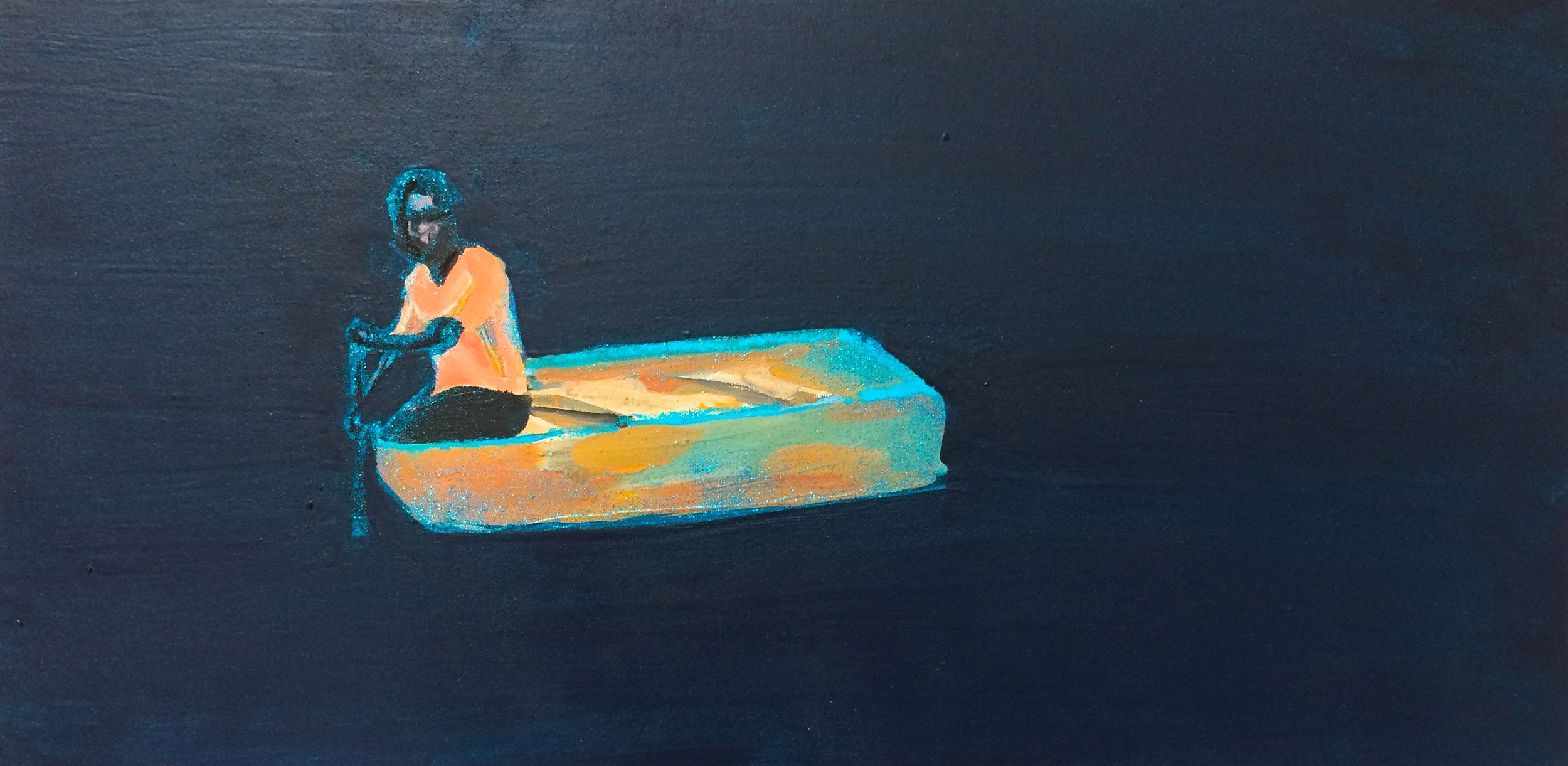  Melora Griffis,  paddle sound , acrylic and pastel on canvas, 12" x 24" 