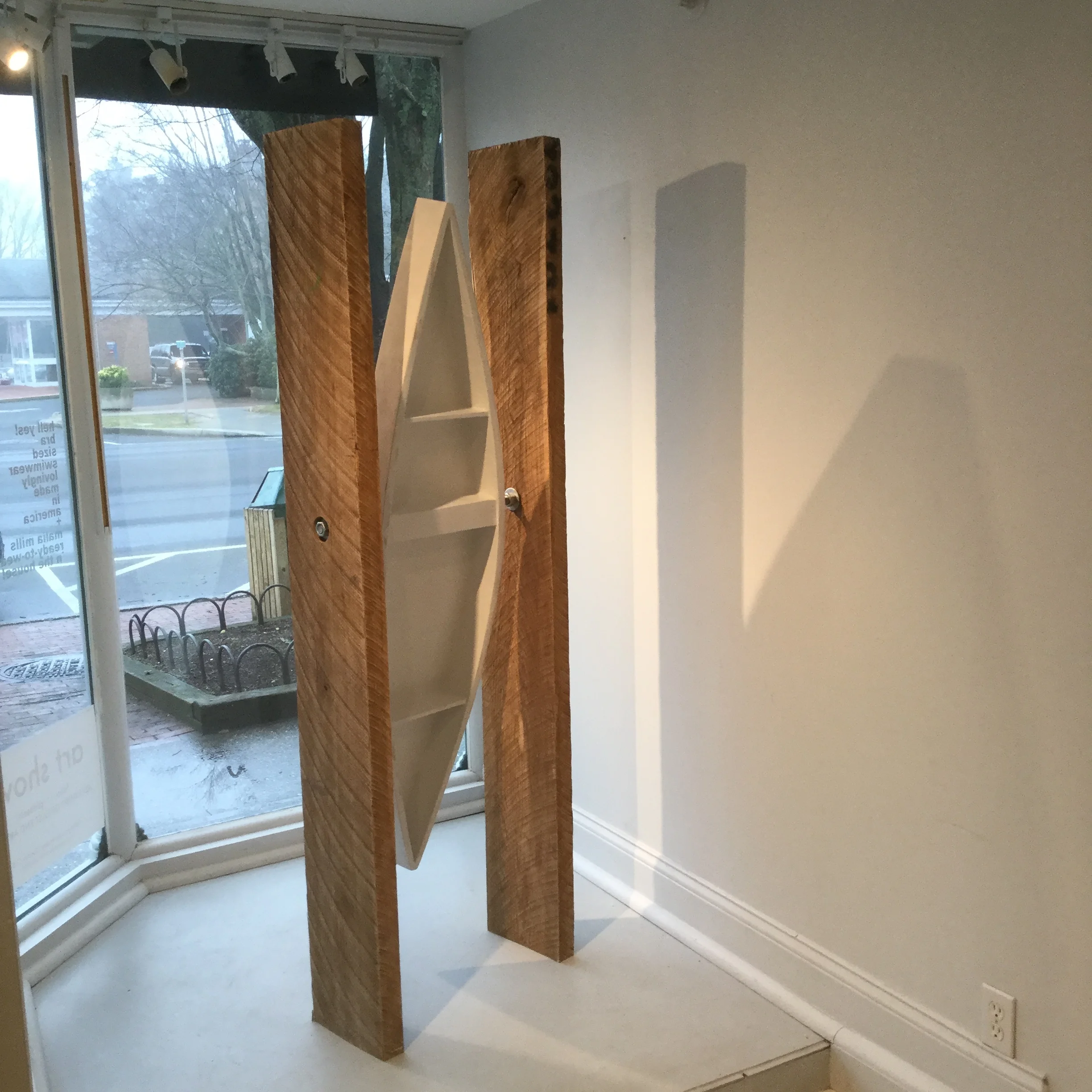 Mark Webber, Passenger , Rough sawn white oak, galvanized steel, hydrocal, graphite, epoxy on resin, 72" x 23" x 10"