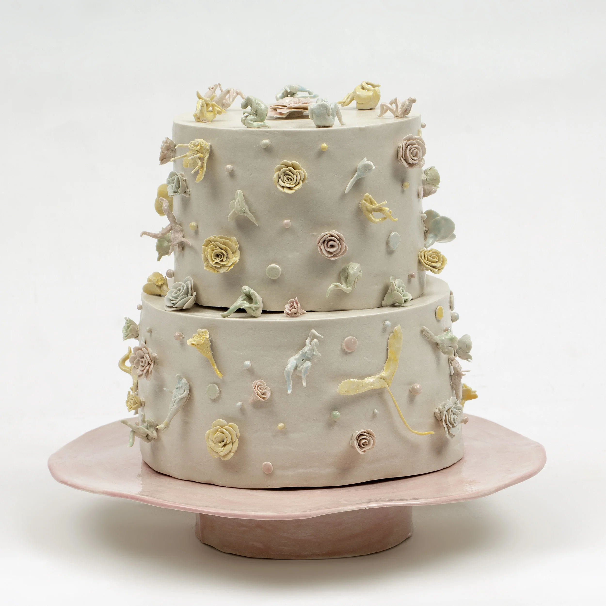 Two Tier Cake , Glazed English Porcelain, 11" x 12 1/2" x 12 1/2"