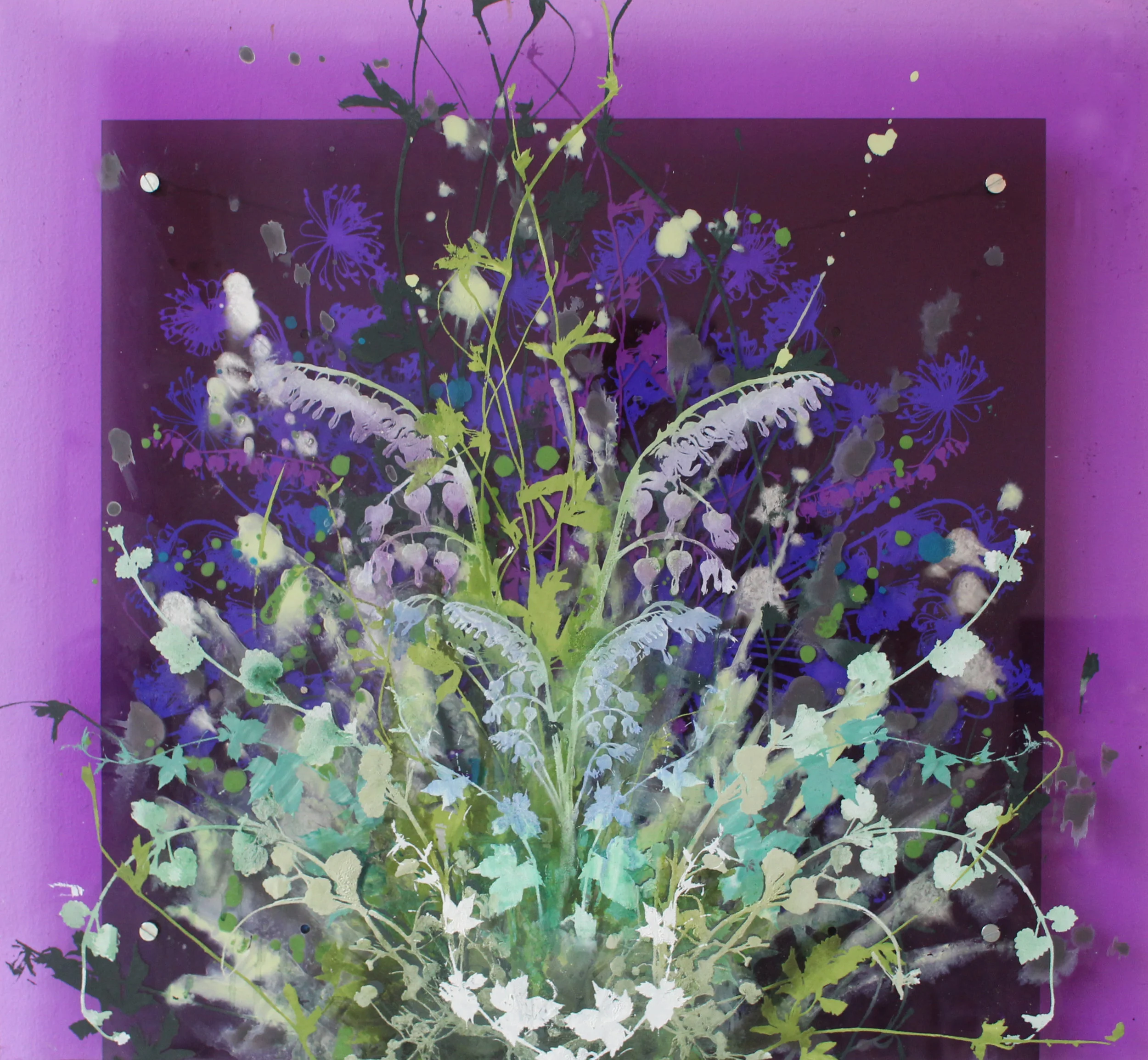 Cara Enteles, Purple Garden , Oil and silkscreen on layered acrylic sheet, 20" x 22"