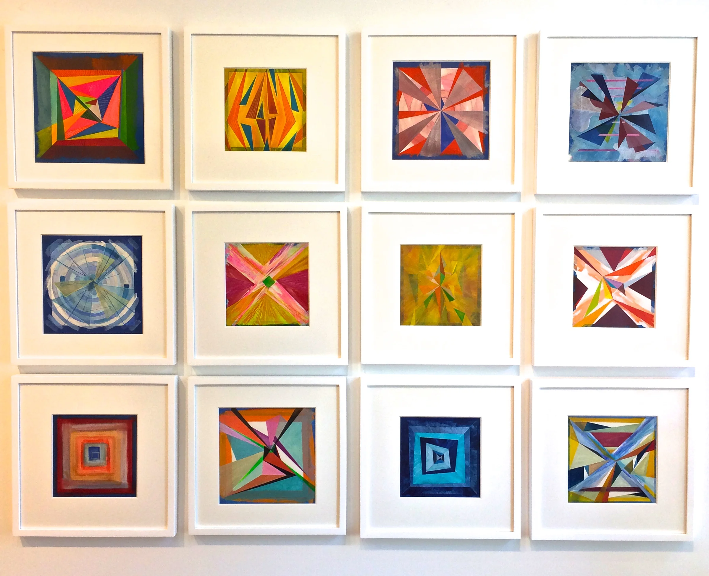 Steven Kinder, WOP SN X12-18 , Acrylic on Paper, 17.5" x 17.5" each, installation 55" x 74"