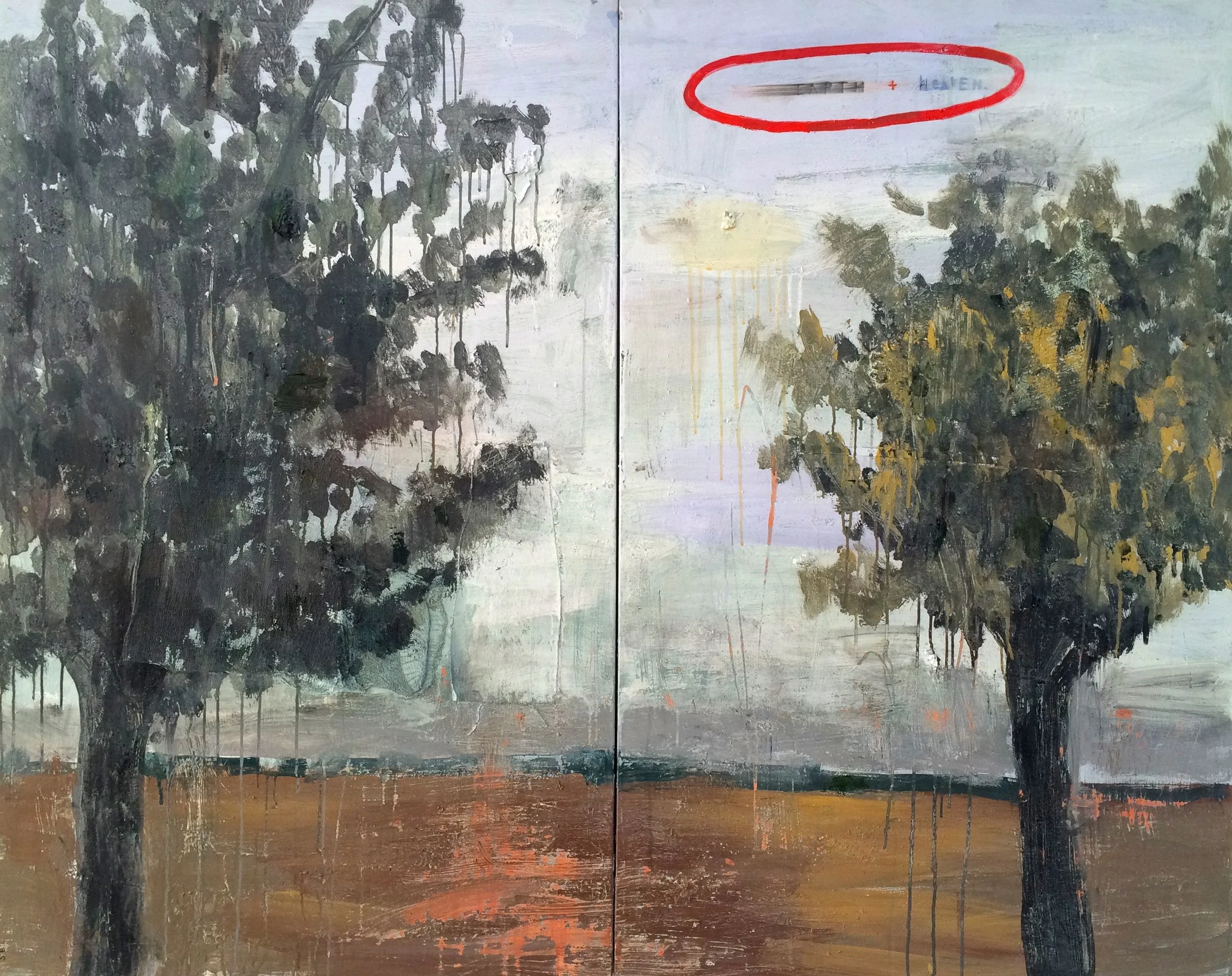  Stephanie Brody-Lederman,  Earth + Heaven , oil &amp; acrylic on canvas, diptych, each panel 48" x 30", over all 60" wide 
