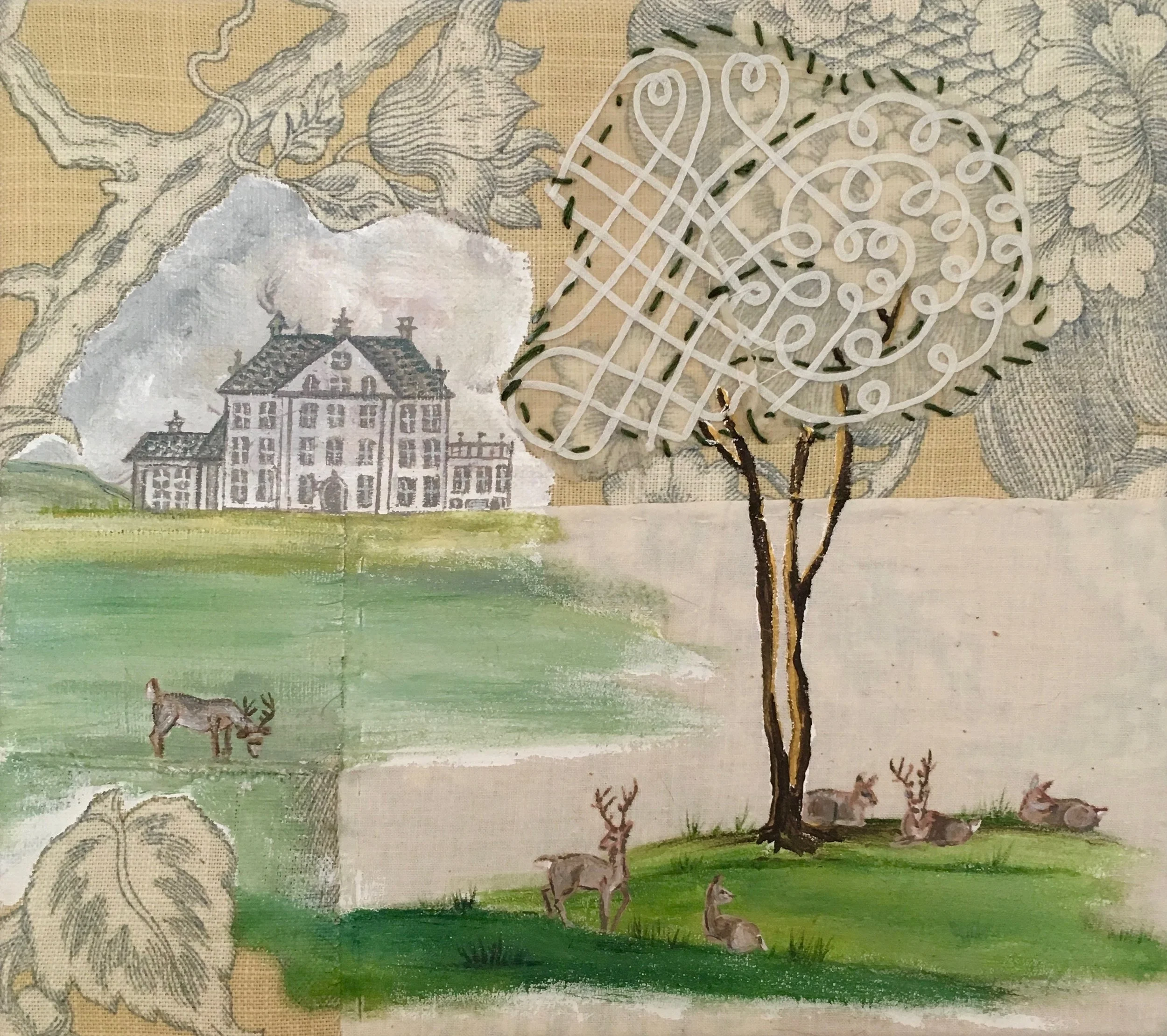 Erica-Lynn Huberty, The Park, embroidery, polymer, appliqué, textile stretched on wood stretcher, 9” x 10”