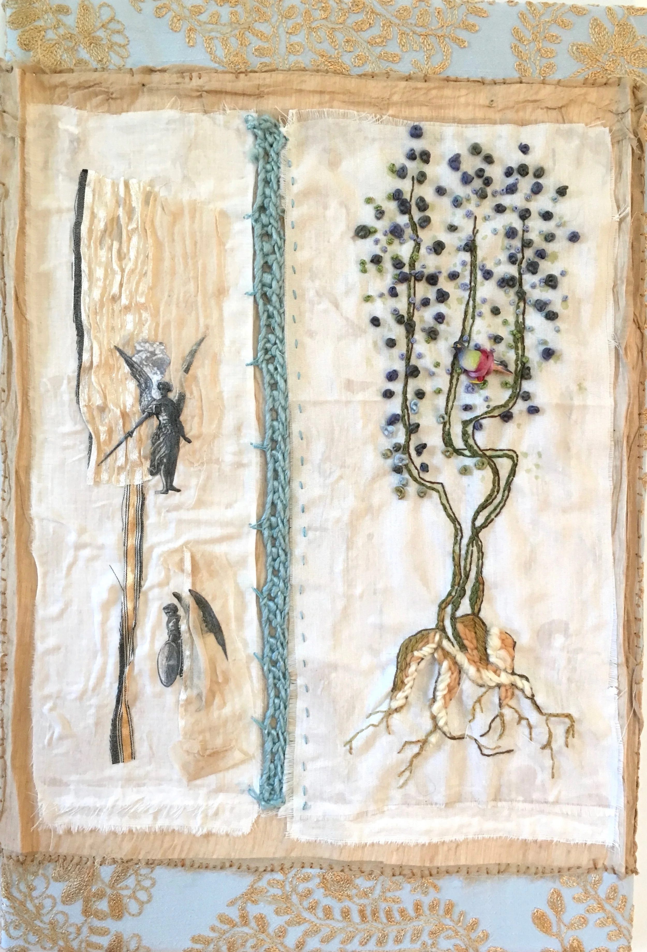 Erica-Lynn Huberty, Watching Eden, embroidery, knitted silk, Indian Muslin, paper, textiles, Cotswolds Lion wool, vintage Irish tablecloth, plastic pigeon, stretcher frame, 18” x 12”