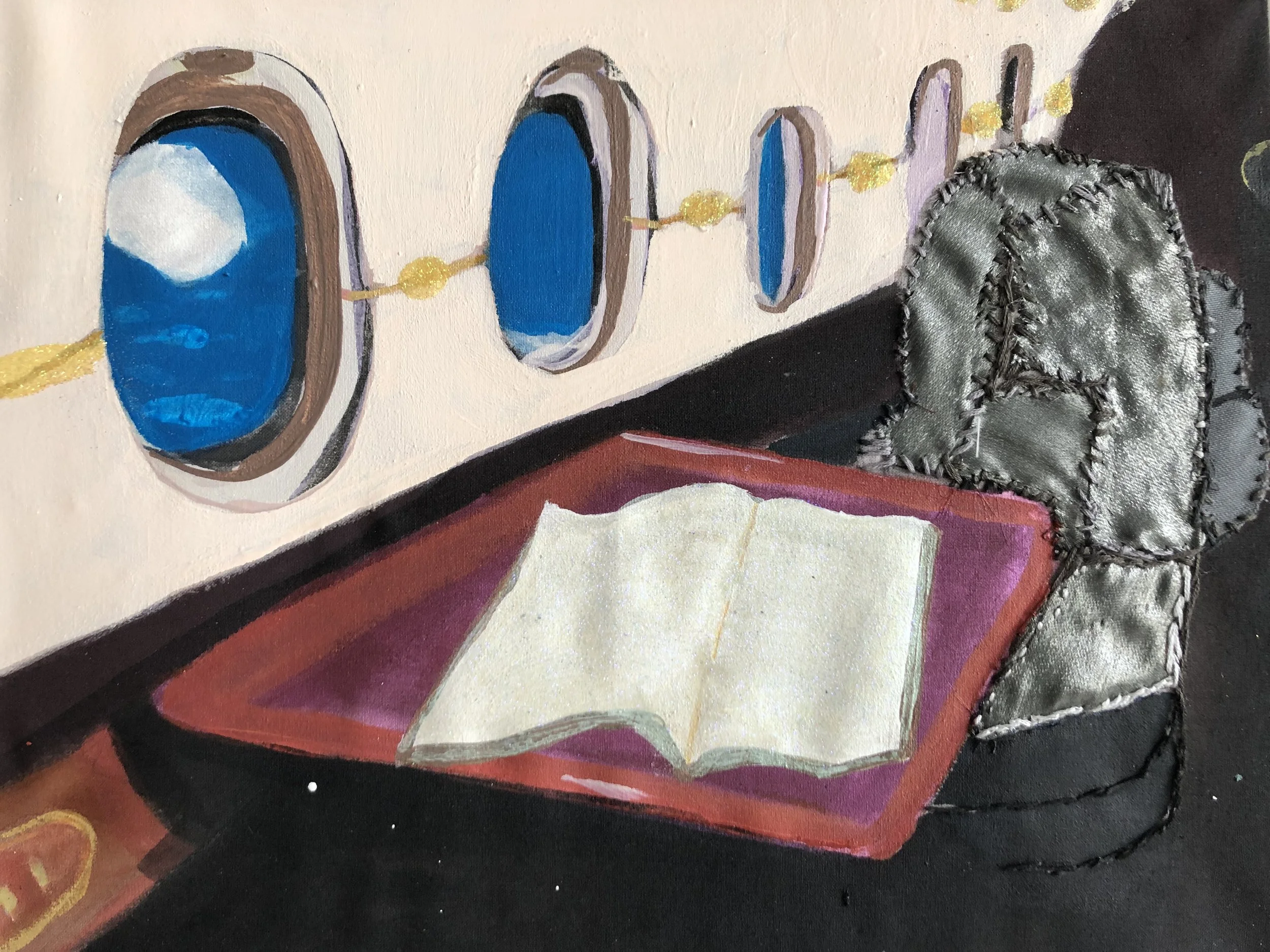 Melora Griffis, London , acrylic, glitter, fabric and thread on cotton, 11” x 14”