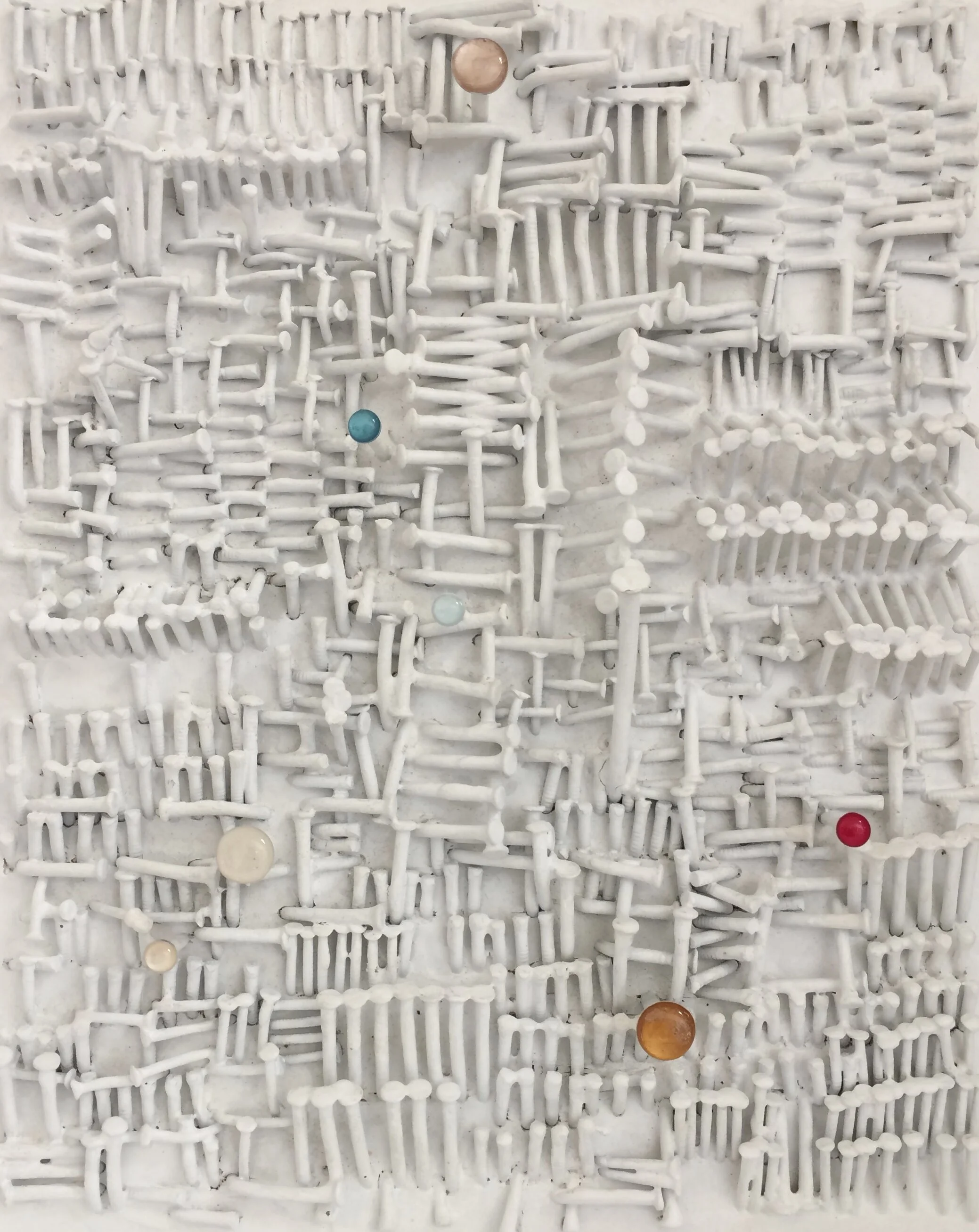  Darlene Charneco,  We are Here, Whiteweave , nails on wood panel, 10" x 8", SOLD 