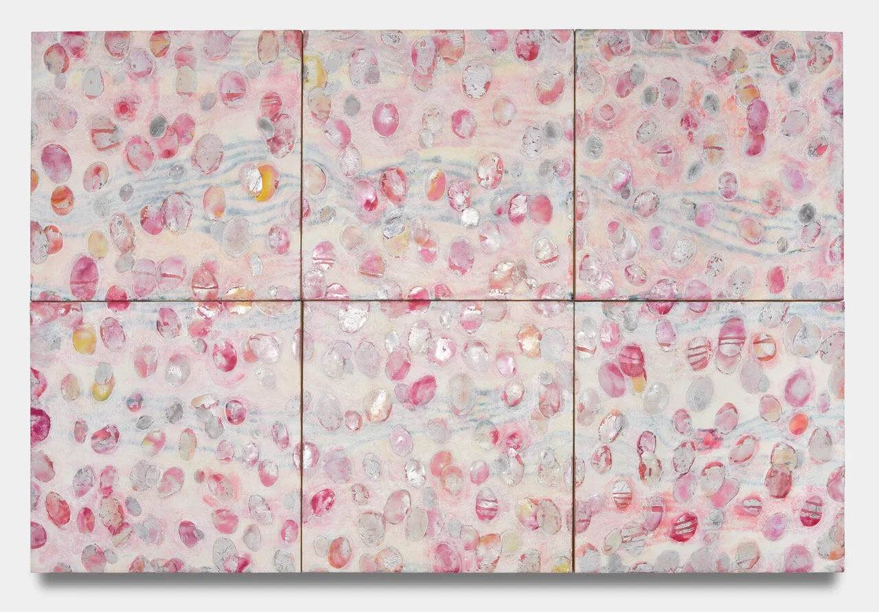 Maggie Simonelli,  Love is a Cloud that Scatters Pearls , encaustic, crushed pearls, Japanese coral, oyster shell and Iwamomo (pink glass) pigments, MAC eye shadow, 16 kt pale gold leaf, aluminum leaf and pigments on birch panel, 6 @ 20" x 20" Total