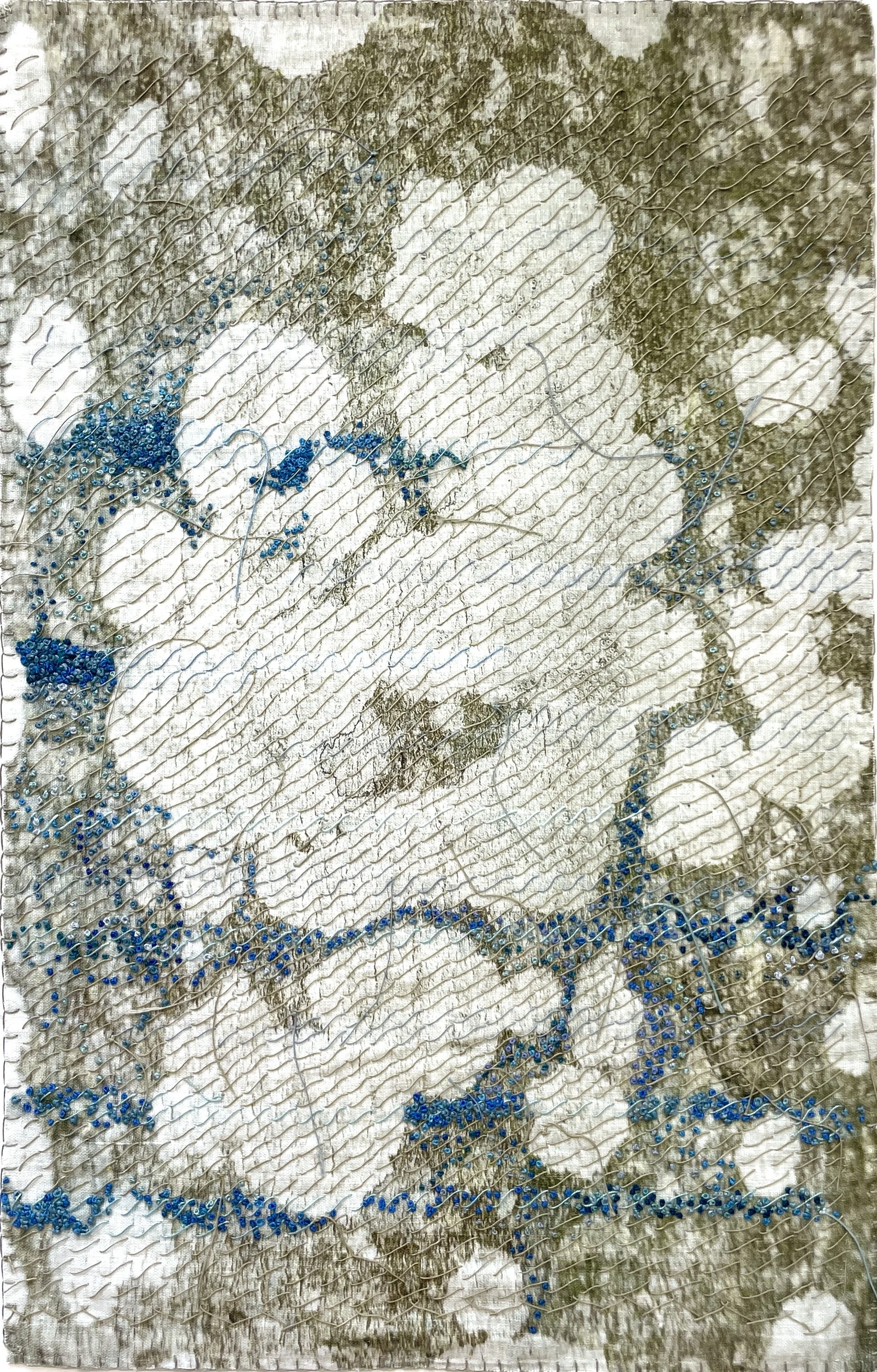  Laurie Lambrecht,  Bark/ Cloth, Nassau , embroidered pigment print on linen, 22" x 15", 25" x 18", $4,200 