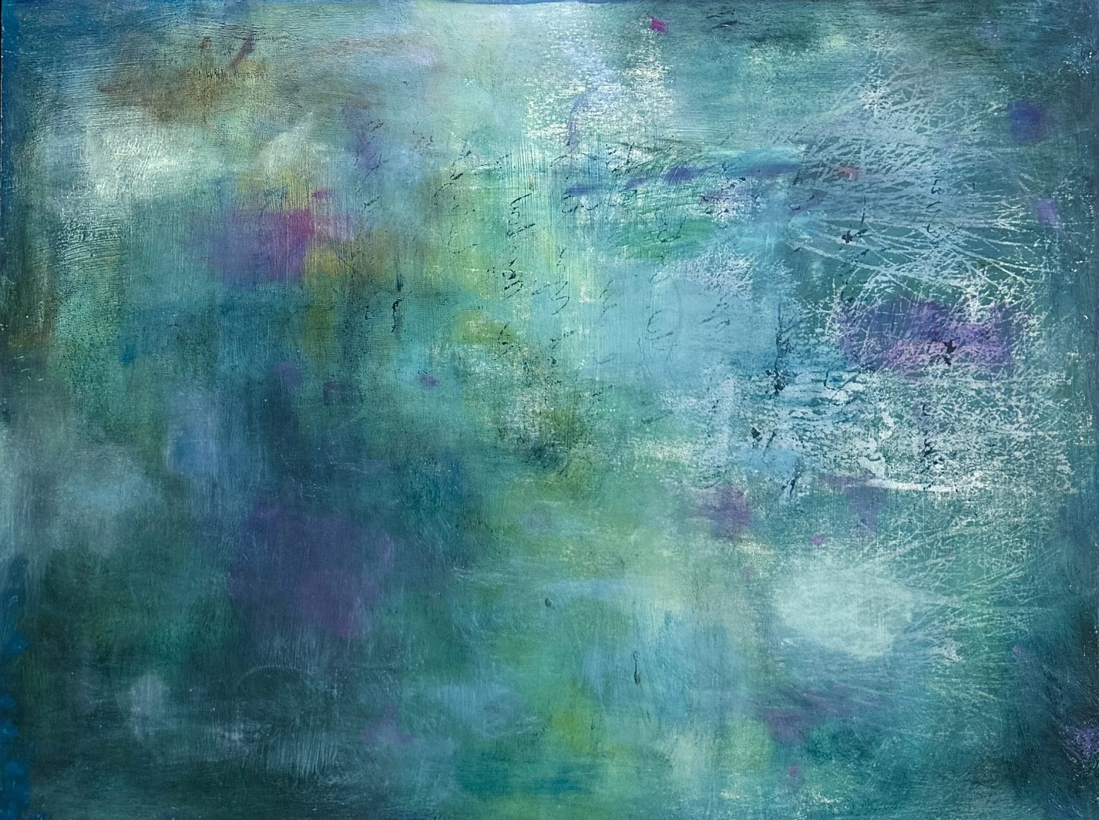  Stephanie Joyce,  Surrendering to the Mystery XVII,  oil and encaustic on wood panel, 18” x 24”, $1,600 