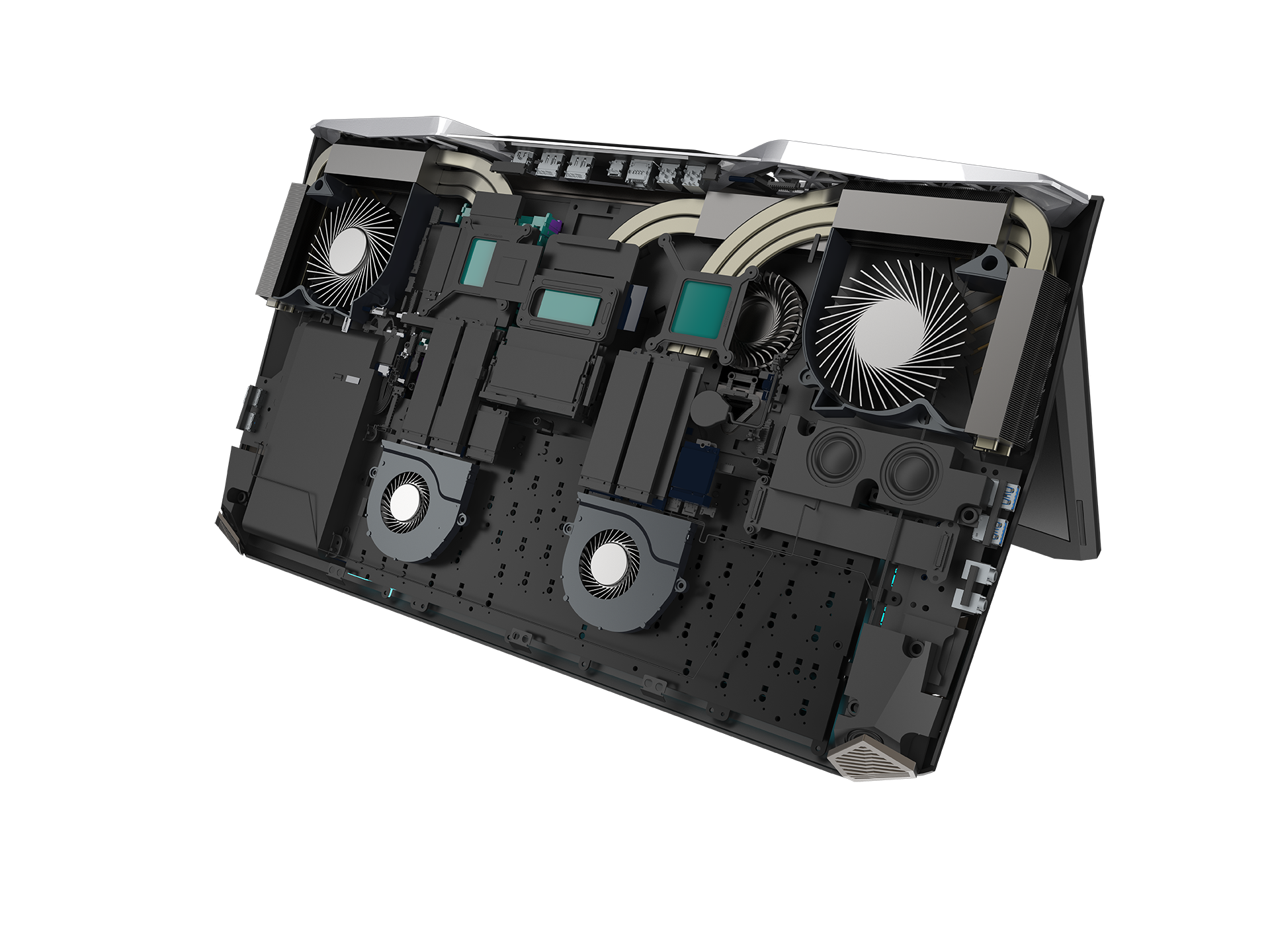 Source: Acer | An internal look at the cooling system needed to keep this beat of a laptop cool.