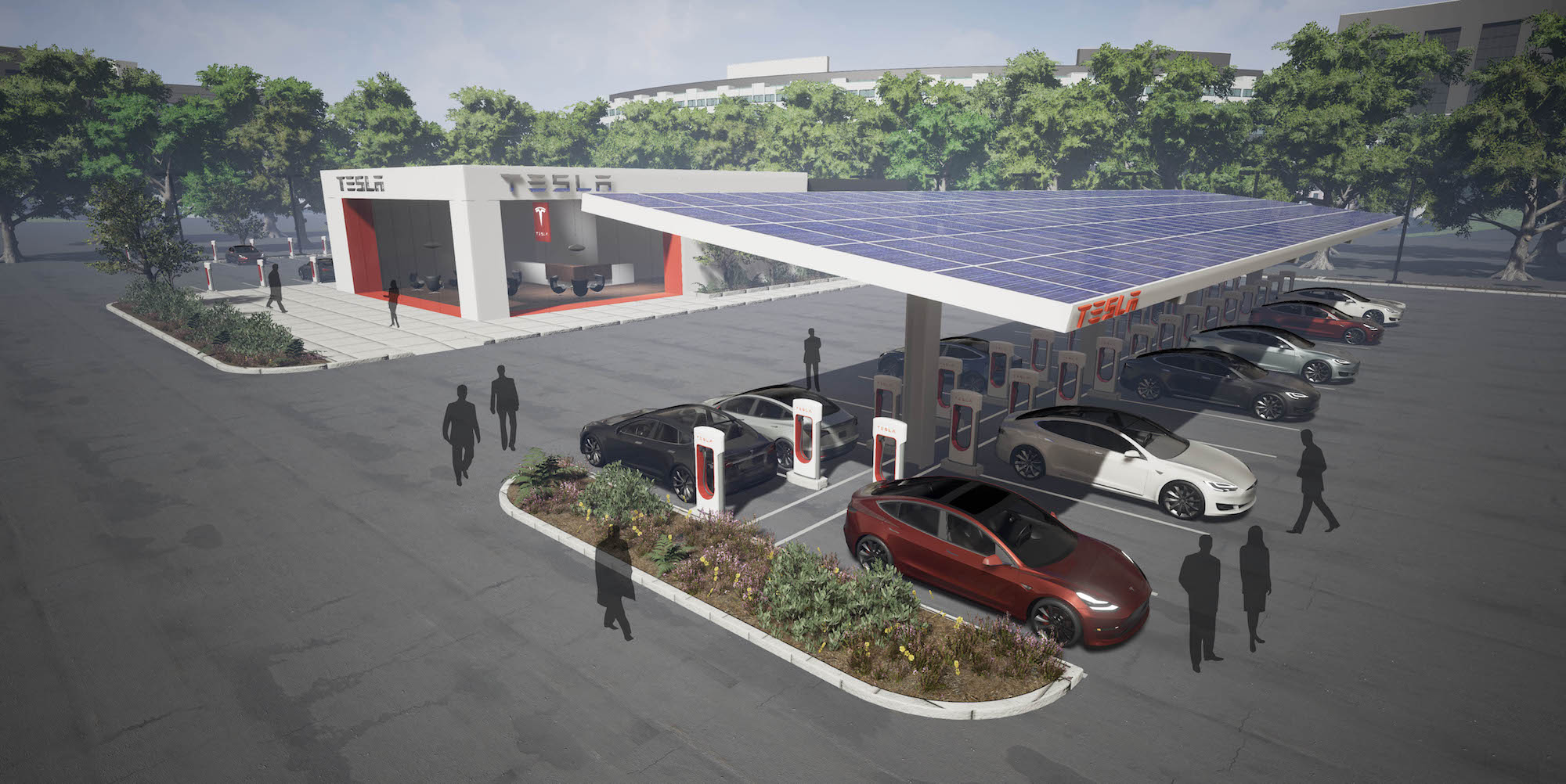 | Source: Tesla | A future model of a Supercharger location that will hold dozens of Tesla Vehicles