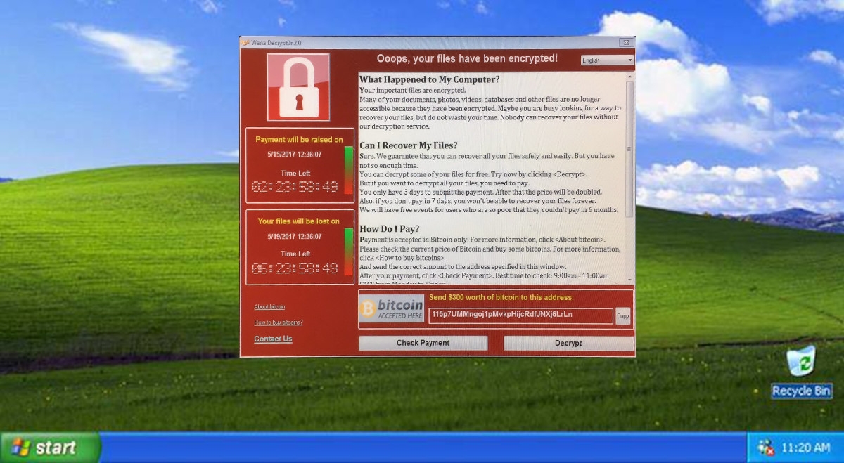 WannaCrypt running on Windows XP.