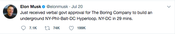| Source: Twitter @elonmusk | Elon Musk announcing on Twitter that he received "verbal approval" for his hyperloop plan on July 20, 2017. 