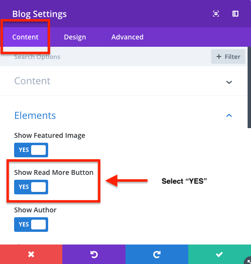 Make sure that the “Read More” button is turned on for you blog module.