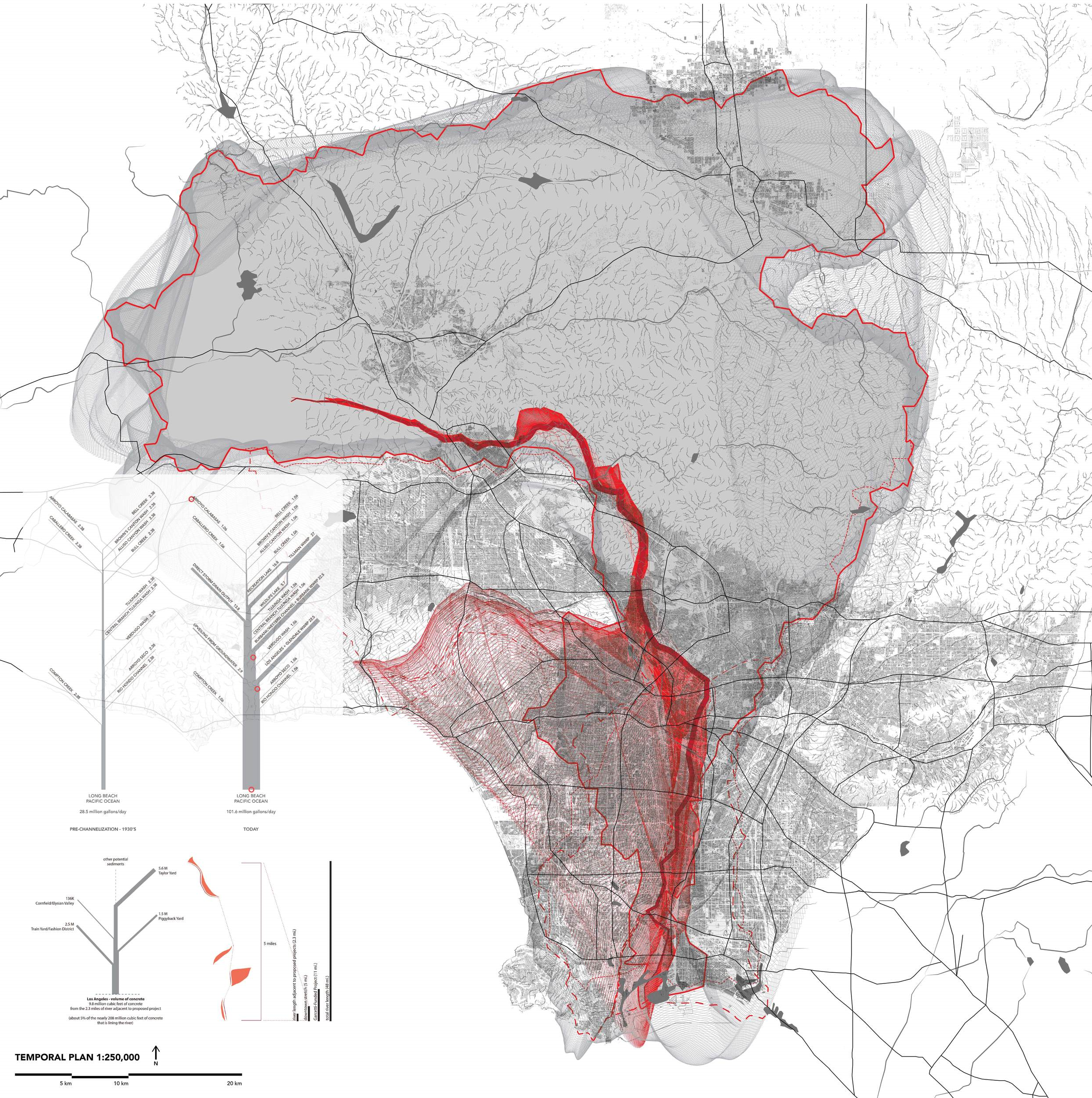 Overall Urban Analysis: Temporal Morphology - the moving watershed of the LA River + volumetric fluid conveyance and the potential concrete volume that would be stripped off