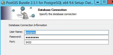 Database Connection: Username: postgres Password: postgres (or whatever you entered above) Port: 5432 (or whatever you entered above) 