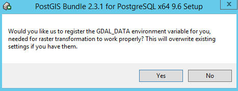 Register GDAL_DATA environment – say yes. This will automatically add GDAL_DATA environment variable putting this path in for you. If you use GDAL already chances are you already have this environment variable set and you may not want to overwrite it. 