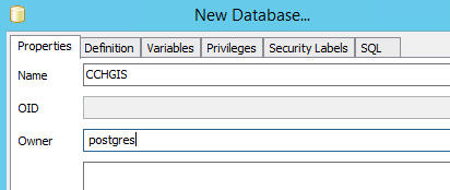 Properties tab: type in a name for your database (e.g CCHGIS) and the owner (e.g. postgres) 