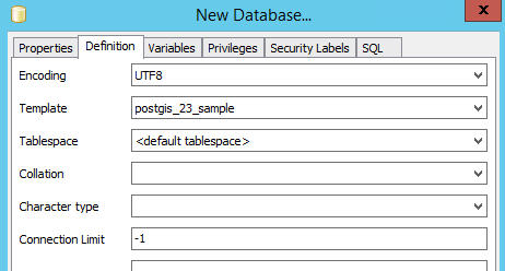 Definition tab: for template, select a sample template to use if you have one (e.g. postgis_23_sample). Note if you are using a sample database as the template to create a new database, make sure it is not in use or connected otherwise you will get an error. 