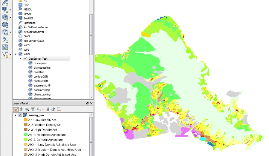 My GeoServer added in QGIS with zoning layer displayed