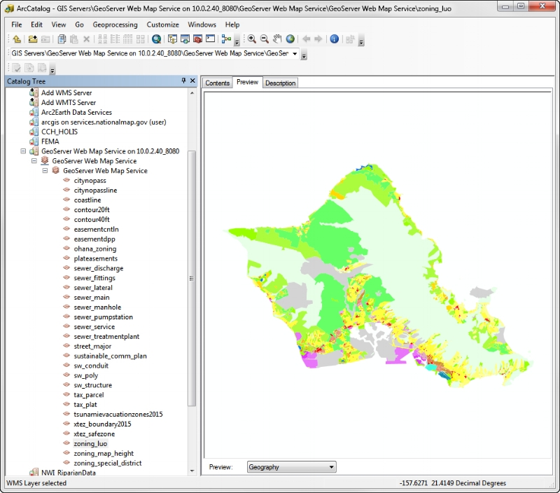 My GeoServer added in ArcCatlog with a preview of the zoning layer.
