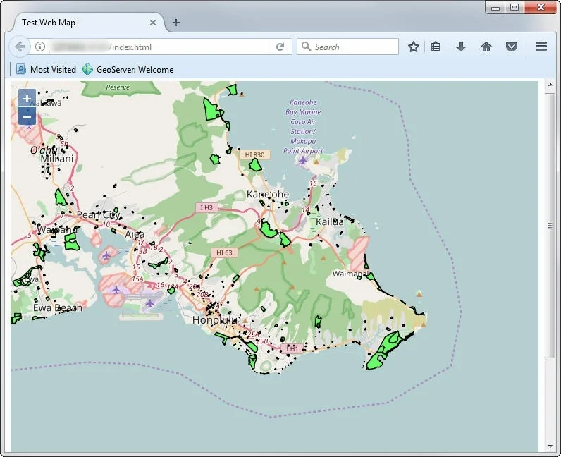 Open Layers web map showing the park layer from my GeoServer