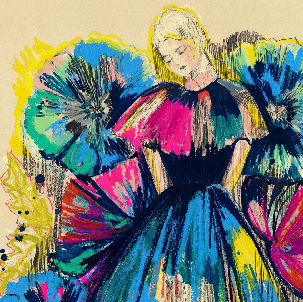 Expressive and colourful fashion illustration with flowers by Holly