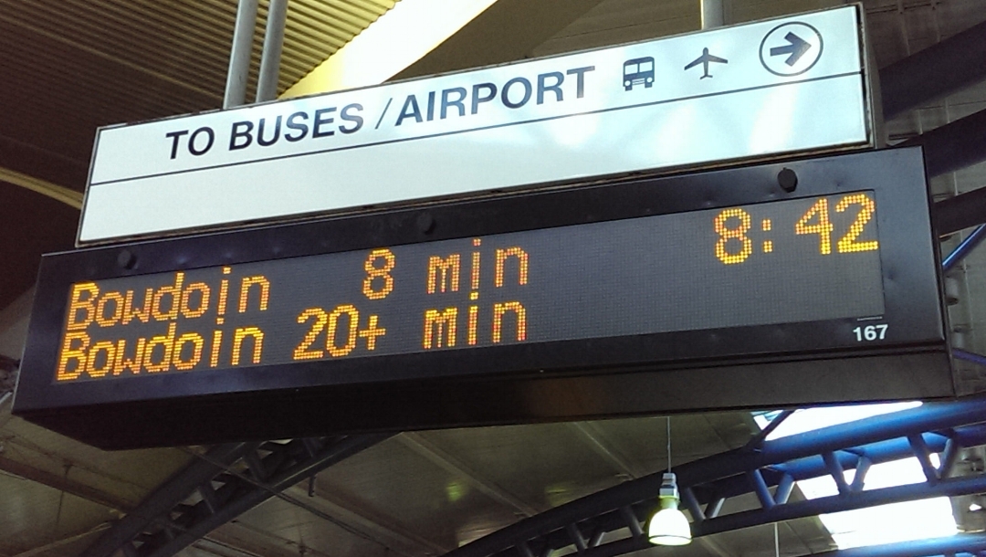 Visibility of system status: Real time train arrival information in Boston's MBTA system. Photo credit: Charlene McBride, Flickr