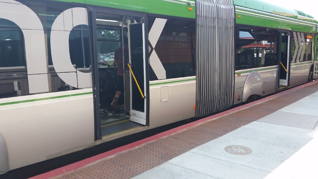 Recognition over recall: Fort Collins' MAX BRT platforms indicate where bikes & wheelchairs (not shown) should wait to board. Photo credit: Aileen Carrigan