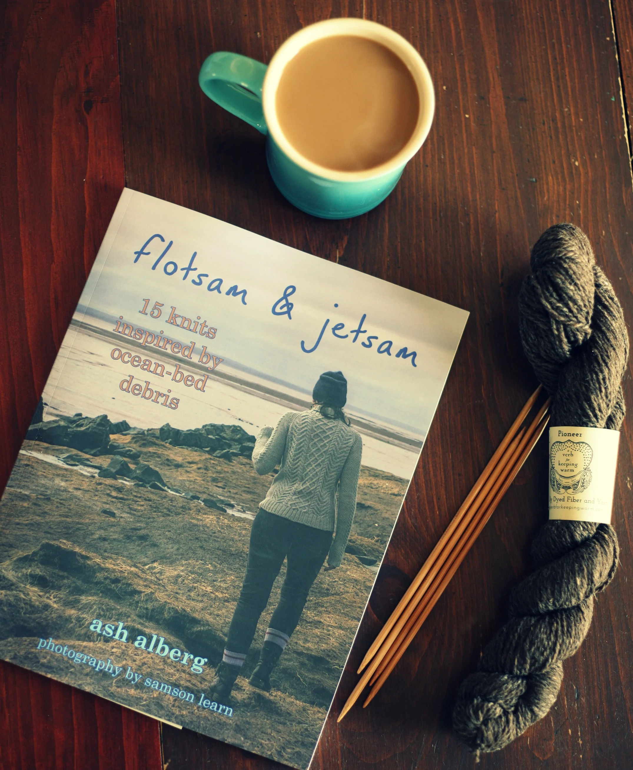 hot coffee, knitting book and new yarn