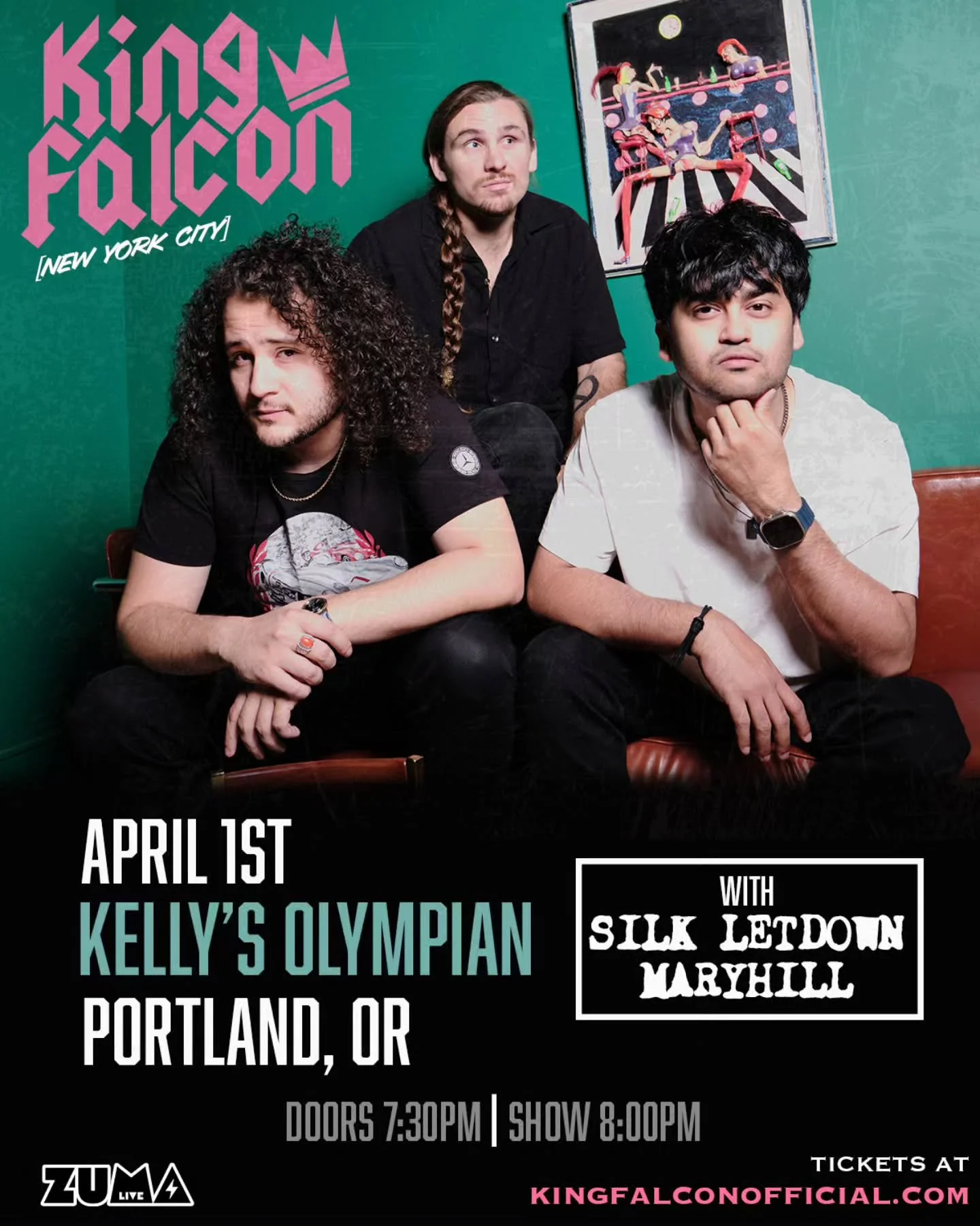 🎟 PORTLAND TICKET GIVEAWAY 🎟

Enter to win tickets to King Falcon, Silk Letdown, &amp; Maryhill live in concert at Kelly's Olympian in Portland, Oregon on Wednesday, April 1st🎵

Giveaway steps:
1. Follow @soundbitemagazine &amp; @kingfalconband📲 