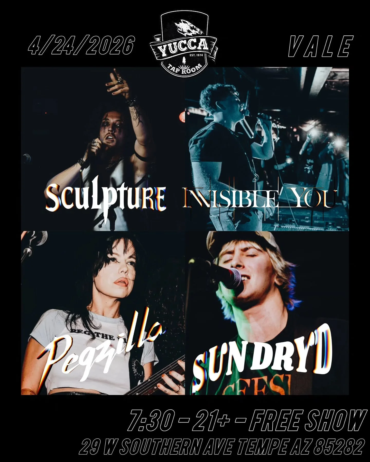 Free Things To Do in Tempe 🎵

Catch Pegzilla @fearpegzilla, Sculpture @sculptureband_, Invisible You @invisible.y0u, &amp; Sun Dry'd @sundrydband live in concert at Yucca Tap Room @yuccataproom on April 24th! 🎵

Stay tuned on local events on soundb