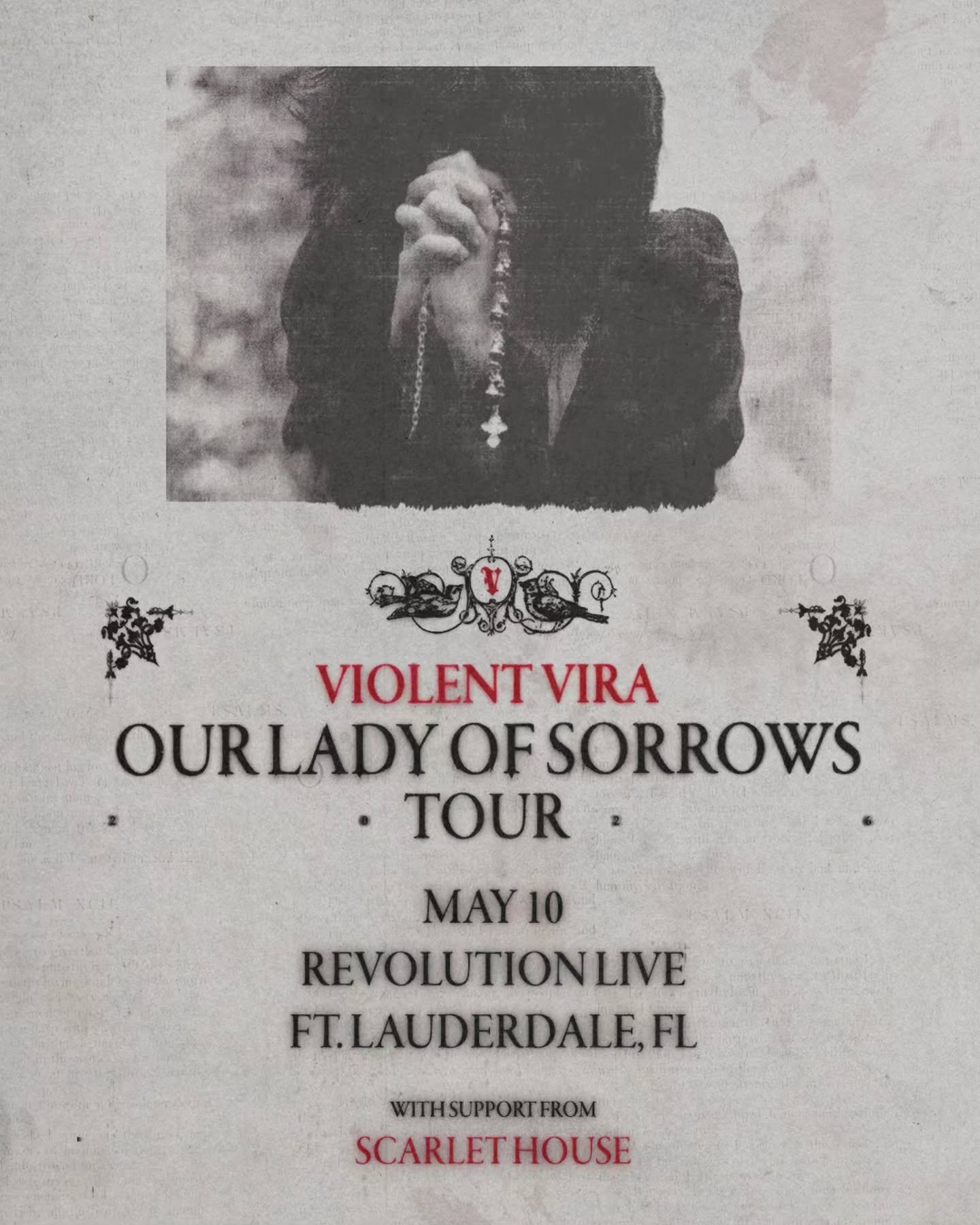 ✨️ 🎟 TICKET GIVEAWAY 🎟 ✨️

Enter to win tickets to Violent Vira 'Our Lady Of Sorrows' Tour with Scarlet House on May 10th at Revolution Live @revolutionlive in Fort Lauderdale, Florida. 🎵

Giveaway steps:
1. Follow @soundbitemagazine &amp; @revolu