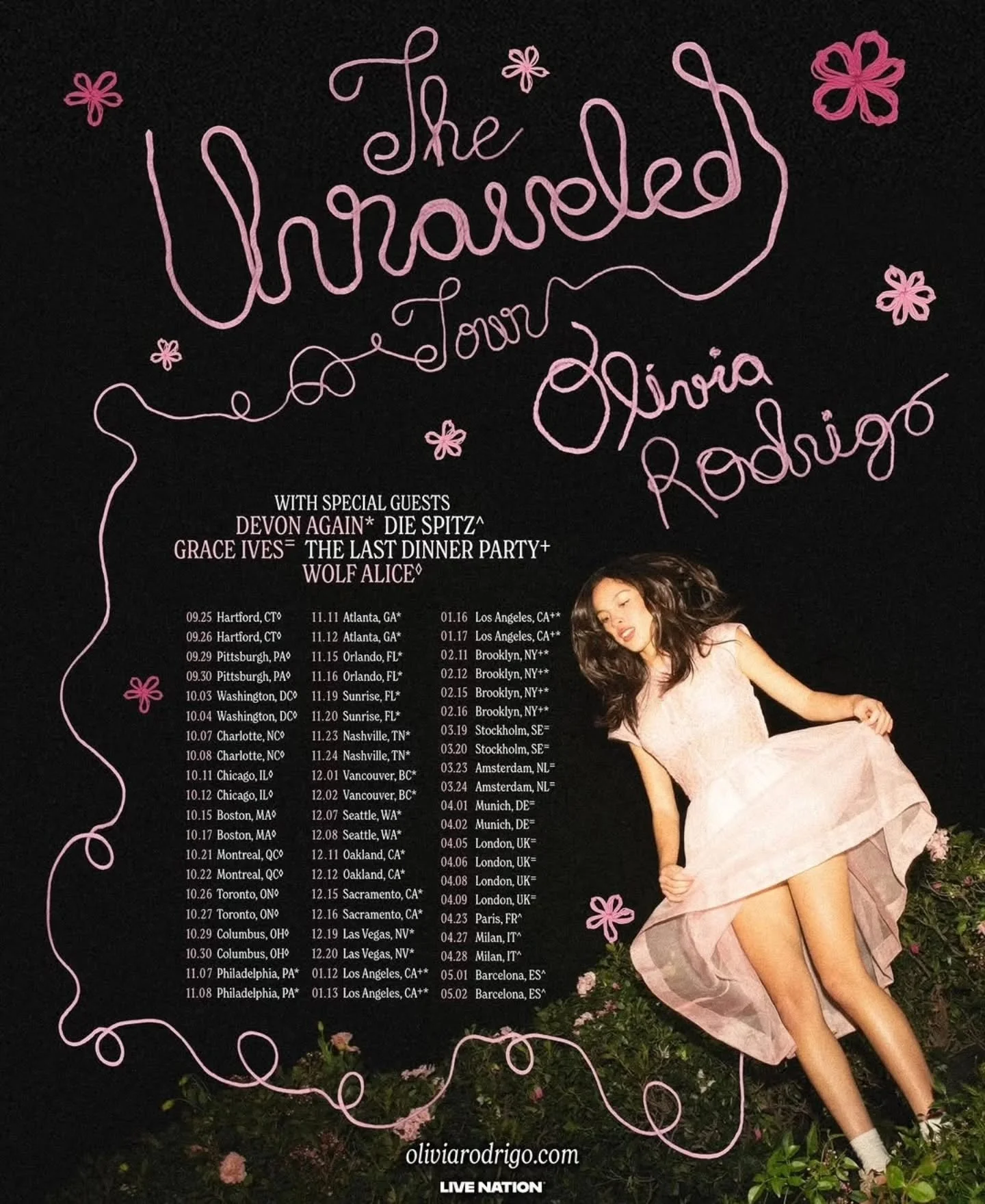 Olivia Rodrigo 2026 Tour 🌸 

Singer-songwriter @oliviarodrigo will embark on her 'Unraveled Tour' with @trashytrashy @graceives4u @diespitz @thelastdinnerparty @wolfaliceband! 🌸

Which Olivia Rodrigo Tour dates are you looking forward to? Which are