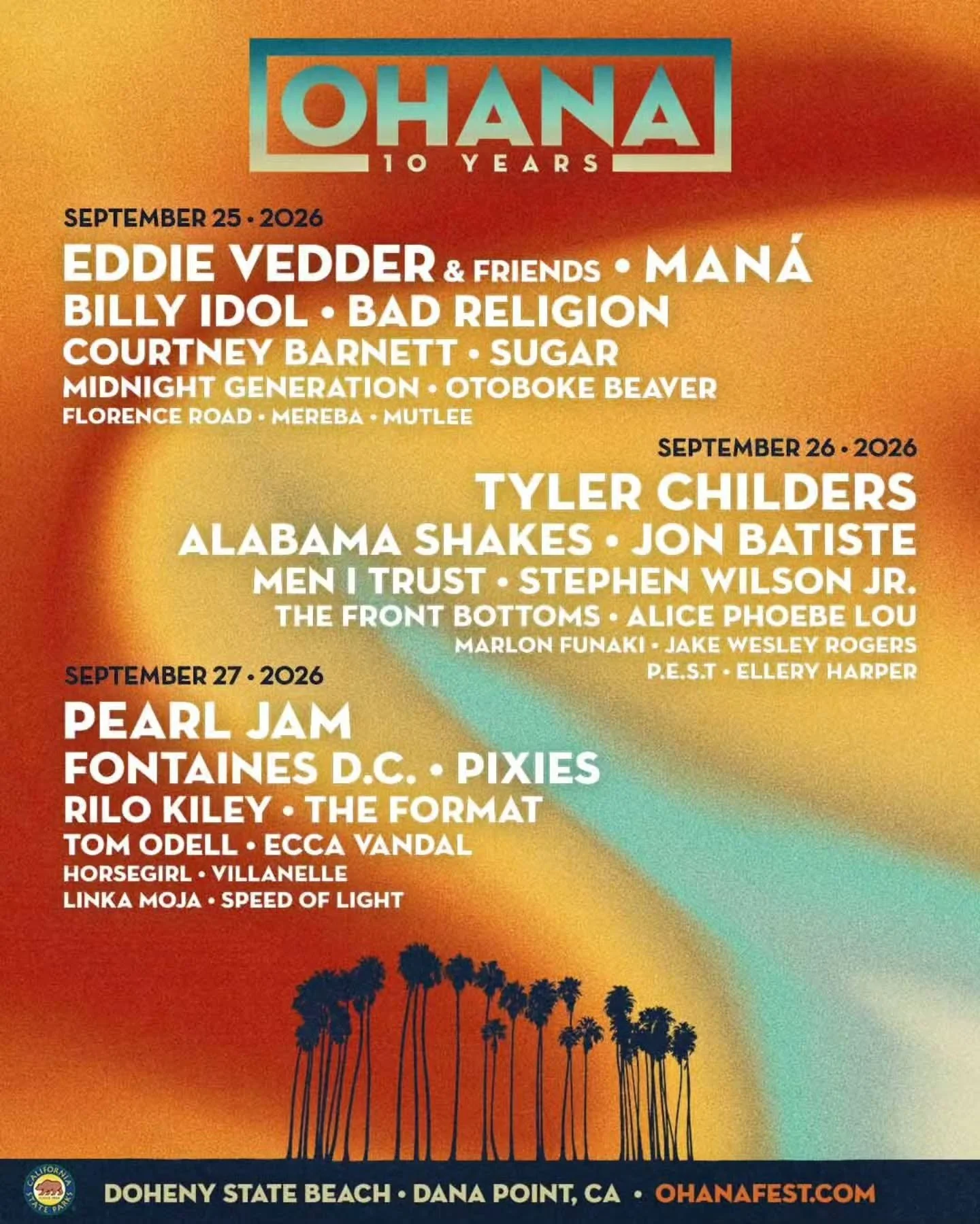 Ohana Fest Lineup Drop ⚡️

Southern California music festival, Ohana @theohanafest have announced their 2026 Lineup featuring live performances by @pearljam @manaoficial @eddievedder @rilokileyofficial @alabama_shakes and more! The festival will take