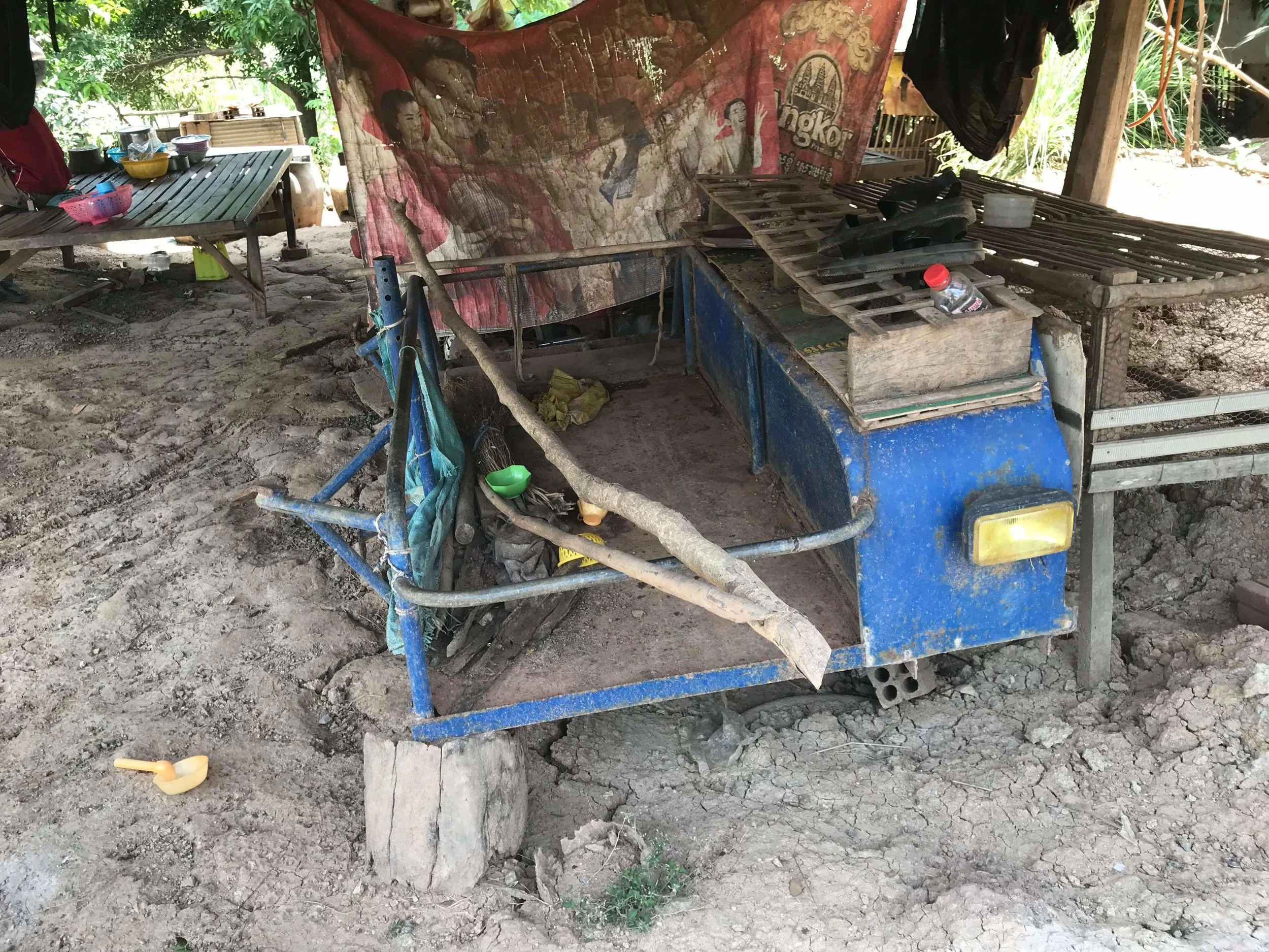 The family cart that was towed behind the motobike to create and sell sugar cane drinks.