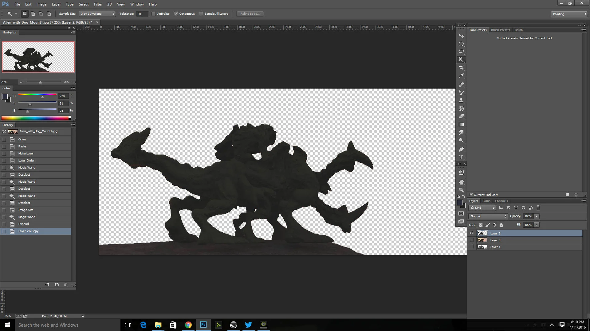 The isolated foreground (FG) that I'm going to throw some colour and texture onto.