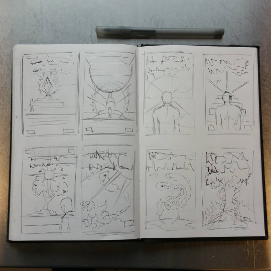 Rough thumbnails in pen.