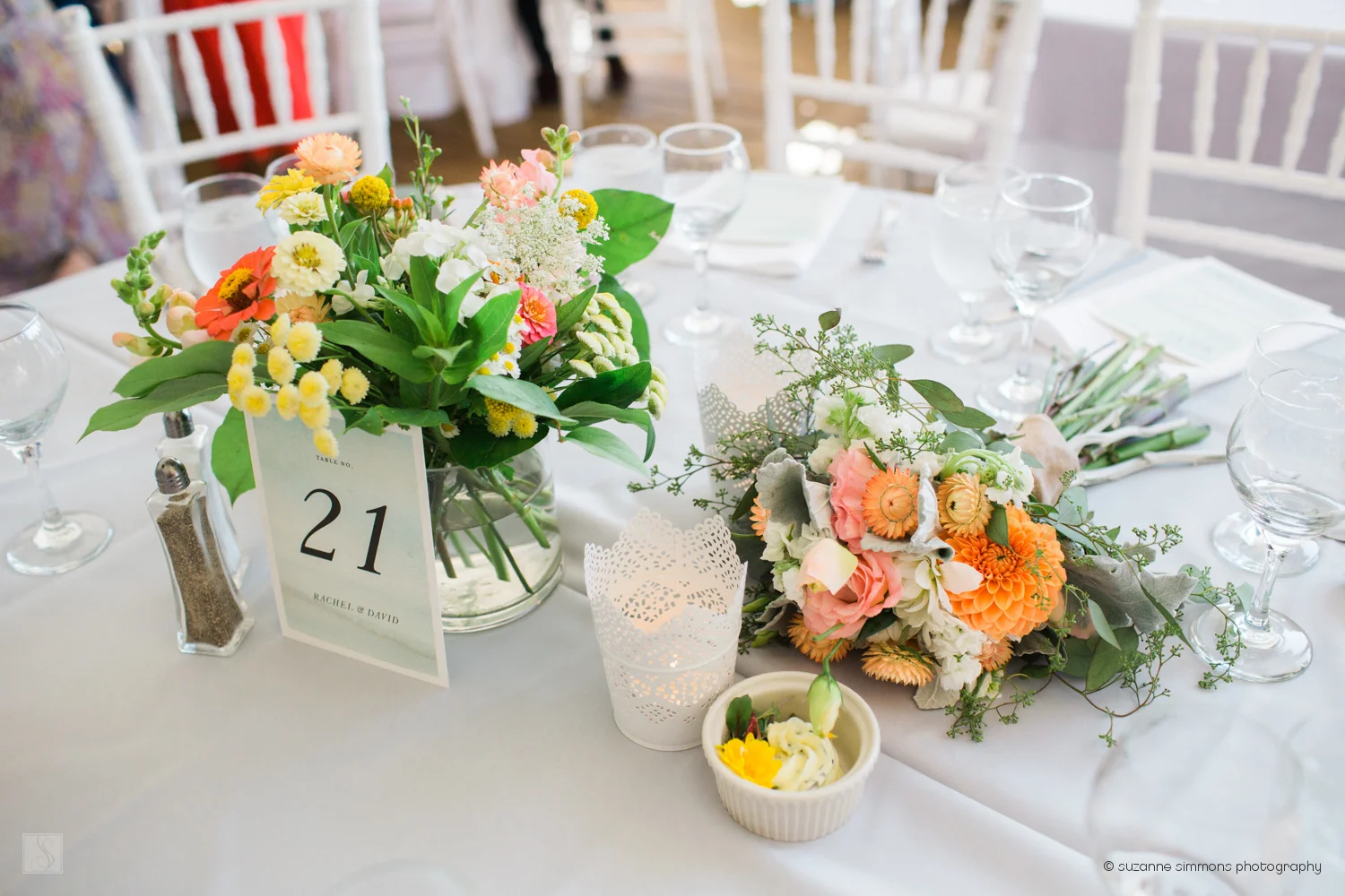 Floral Centerpiece & Bouquet at a Maine Wedding