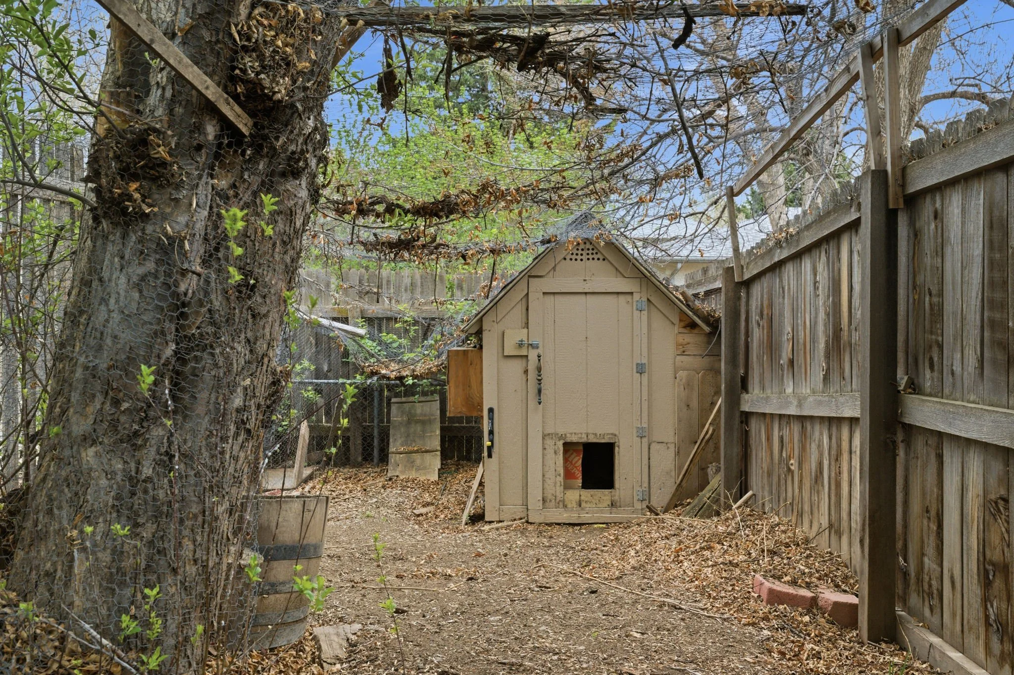 The backyard offers a fire pit area, chicken run, and dedicated hot tub pad with electricity in place