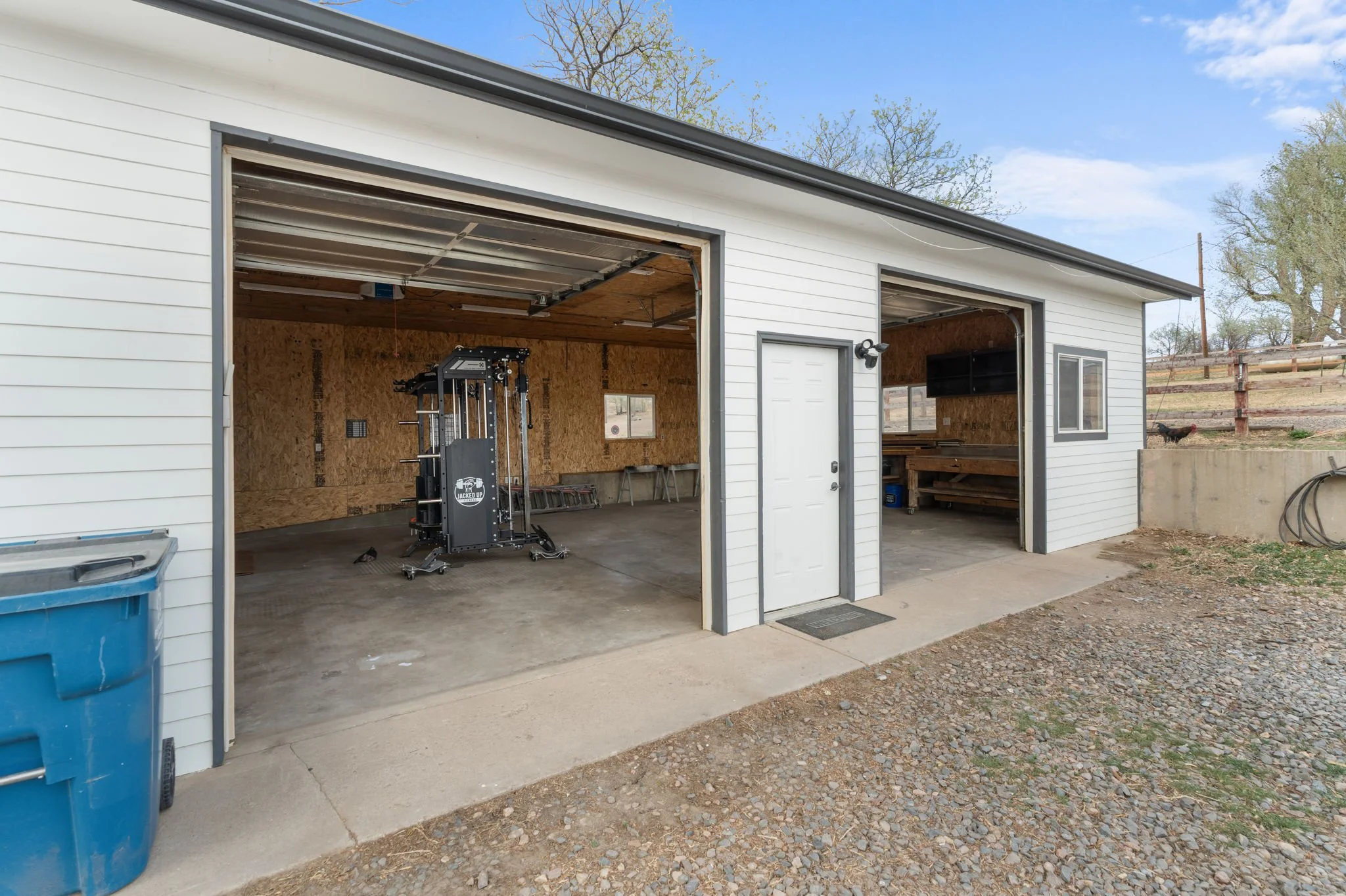 One of three detached garages