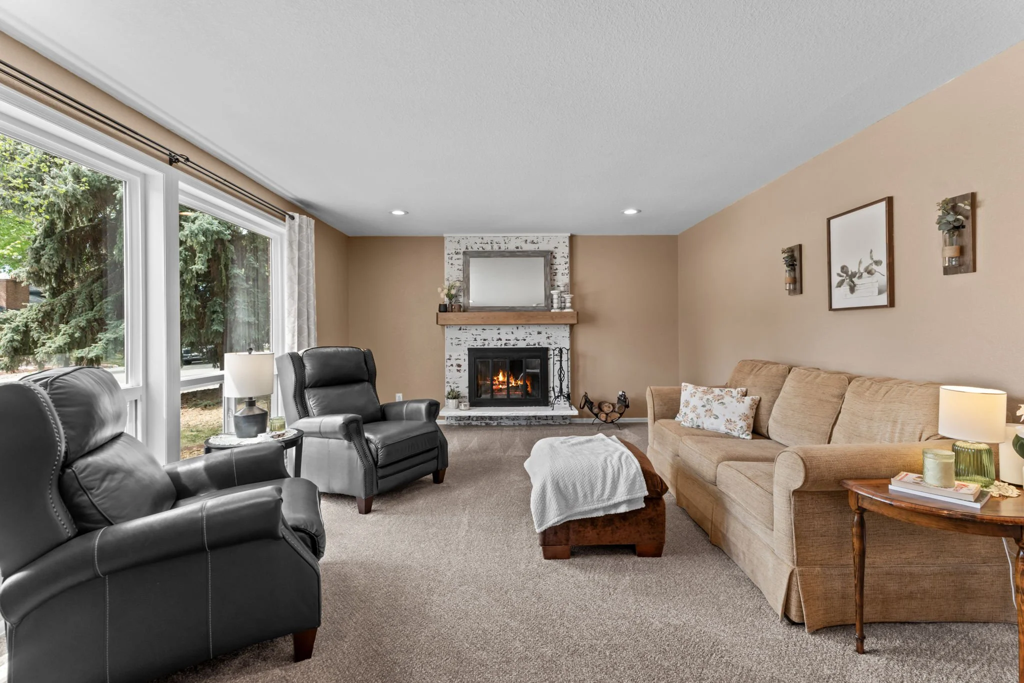 Updated wood-burning fireplace in the living room