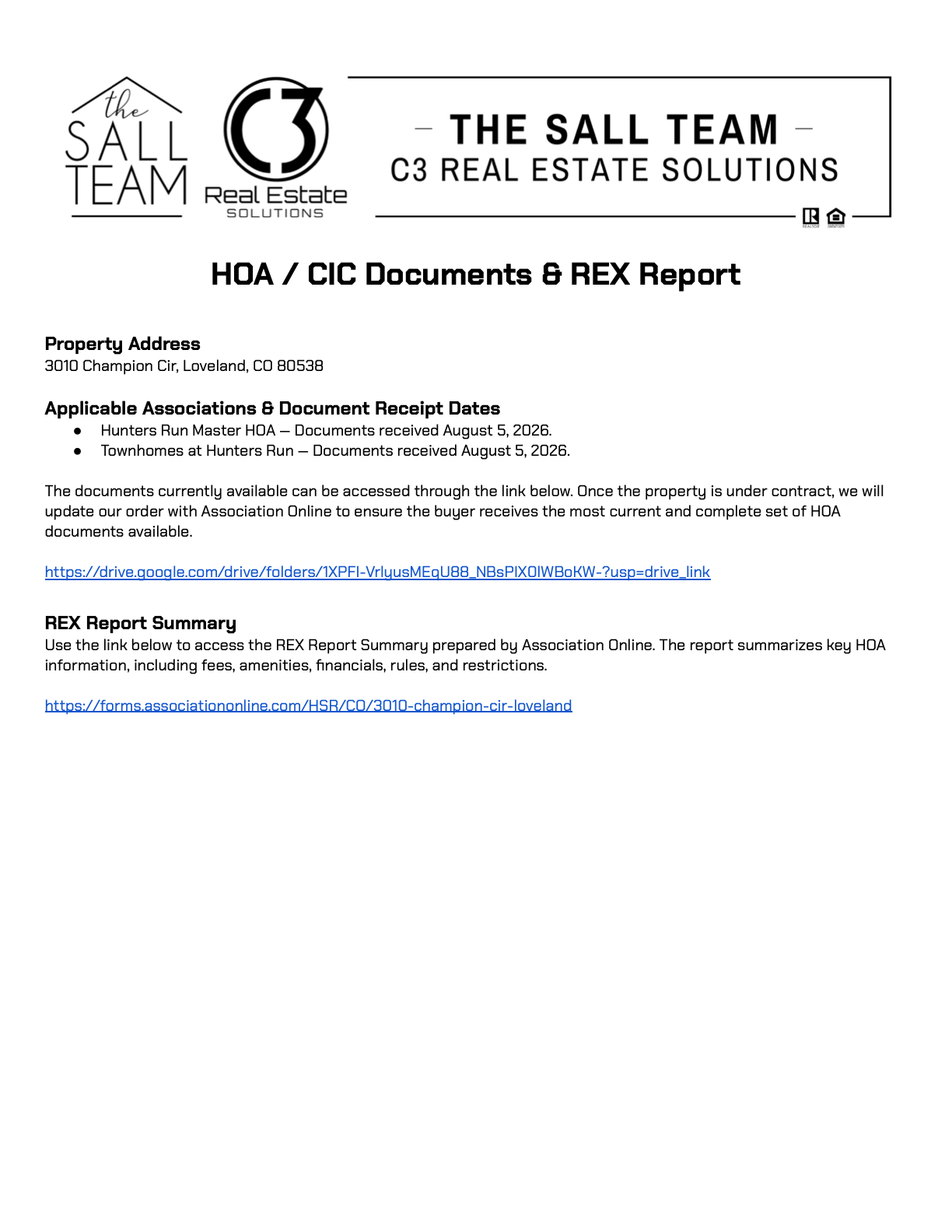 HOA Documents &amp; REX Report