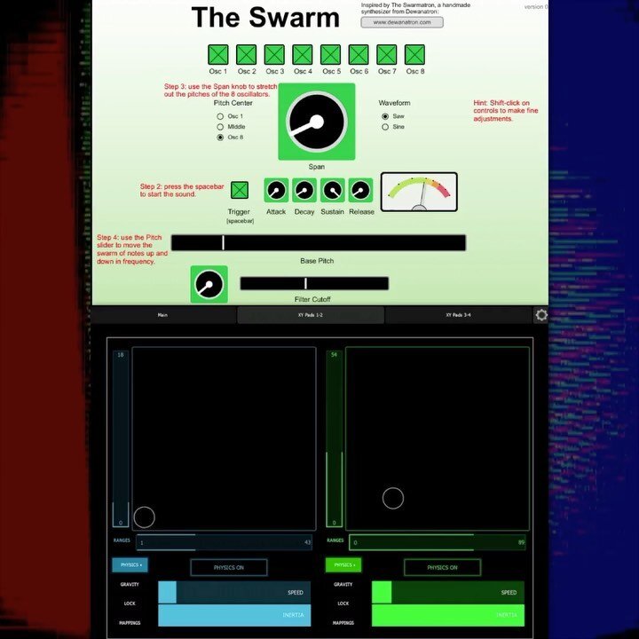 Swarmatron Emulation Modulation Session. Driving the old-school Swarm oscillator bank app with Lemur iOS physics modulations 
.
.
.
#swarm #sound #swarmatron #lemur #drone #experiment #modulation