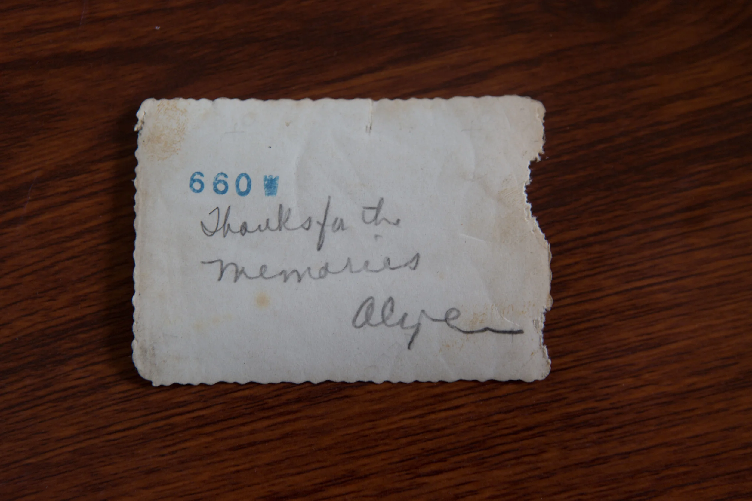 "Thanks for memories. Alyce"