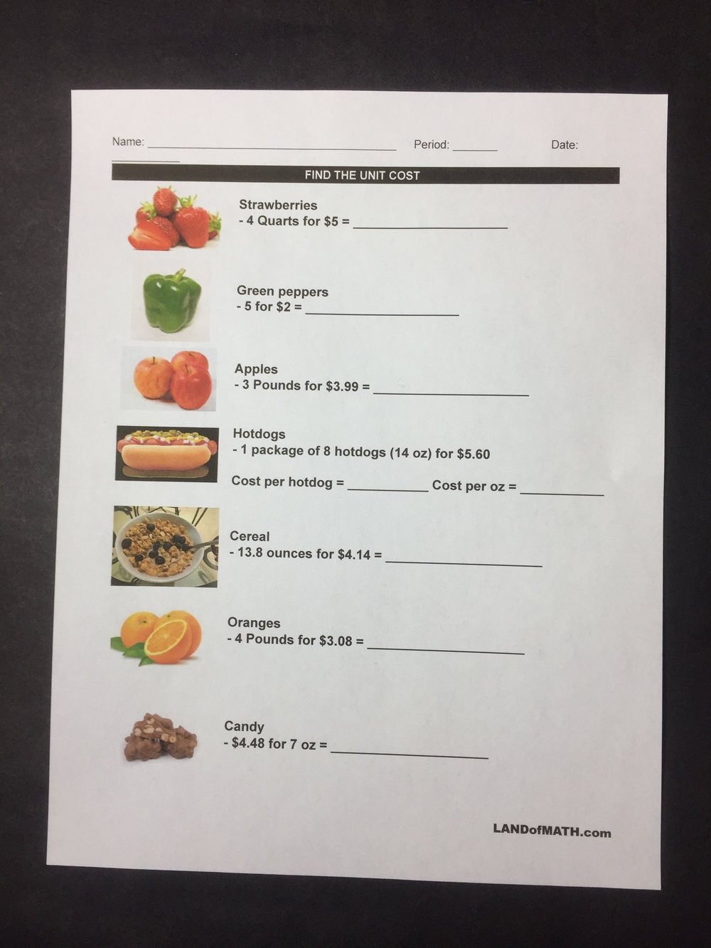 Land of Math - Things we love With Finding Unit Rates Worksheet