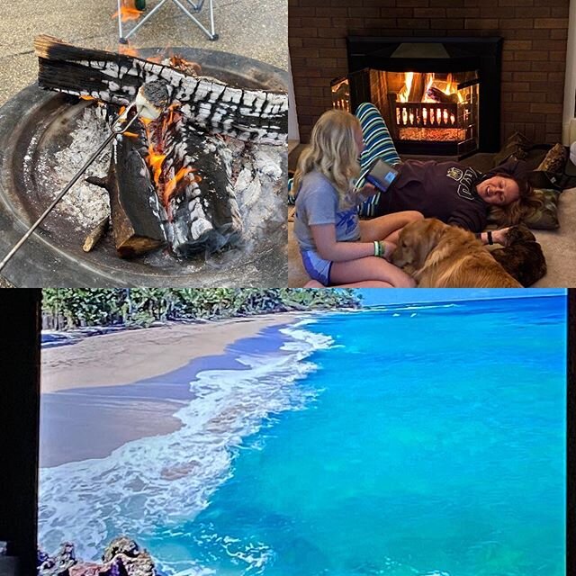 Cookout with hotdogs &amp; smores, roaring fire and watching a video of a beach on the ocean. Just a few of the ways we are spending the quarantine. #quarantine #teachersofinstagram #middleschoolteacher